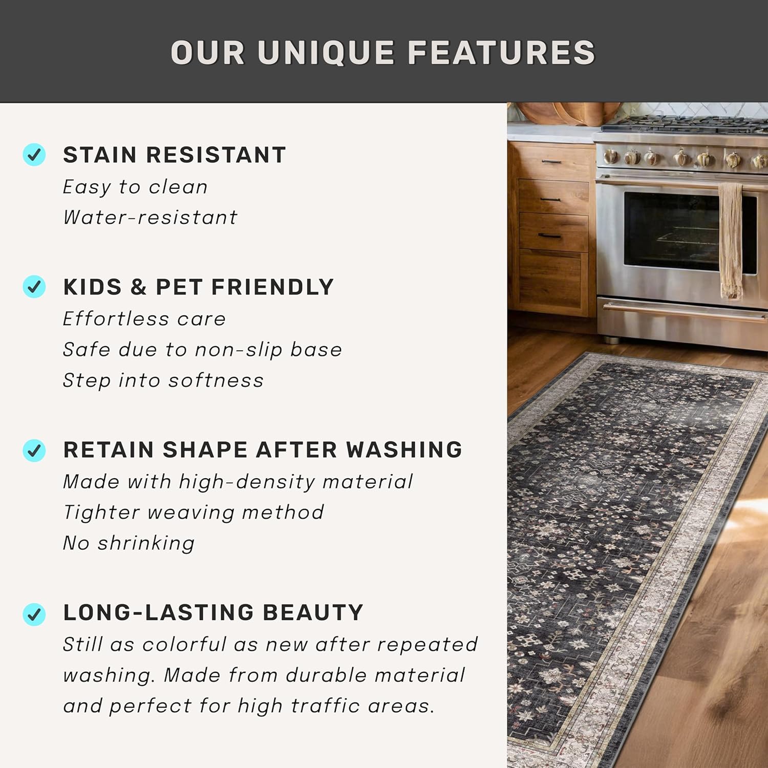 Black Farmhouse Washable 8x10 Area Rugs for Living Room Bedroom, Dark Charcoal Tumble Dining Room Kitchen Table Rug for Under Table, Stain Resistant Non-Slip Large Washable (8x10 Black/Multi)