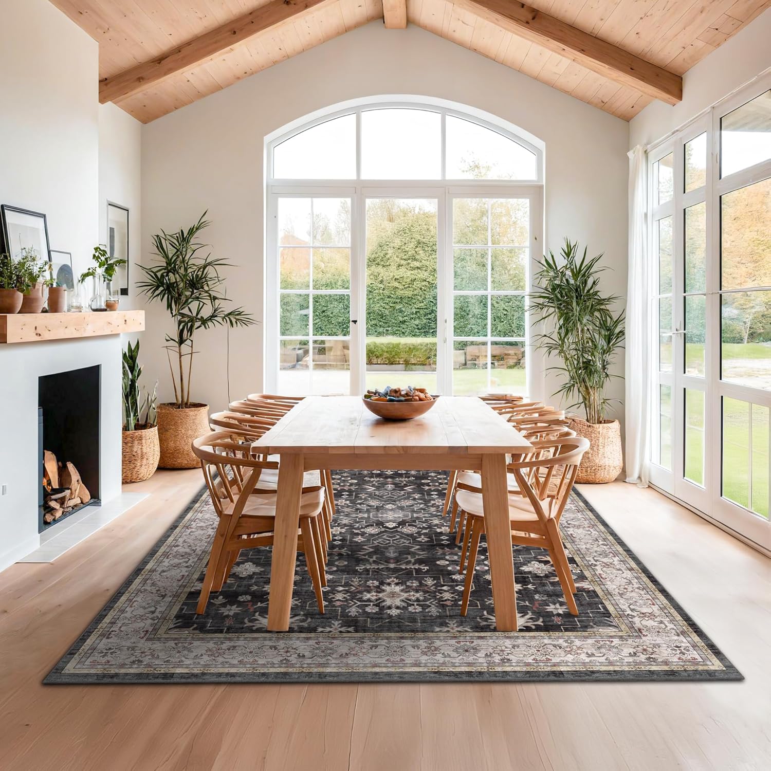 Black Farmhouse Washable 8x10 Area Rugs for Living Room Bedroom, Dark Charcoal Tumble Dining Room Kitchen Table Rug for Under Table, Stain Resistant Non-Slip Large Washable (8x10 Black/Multi)