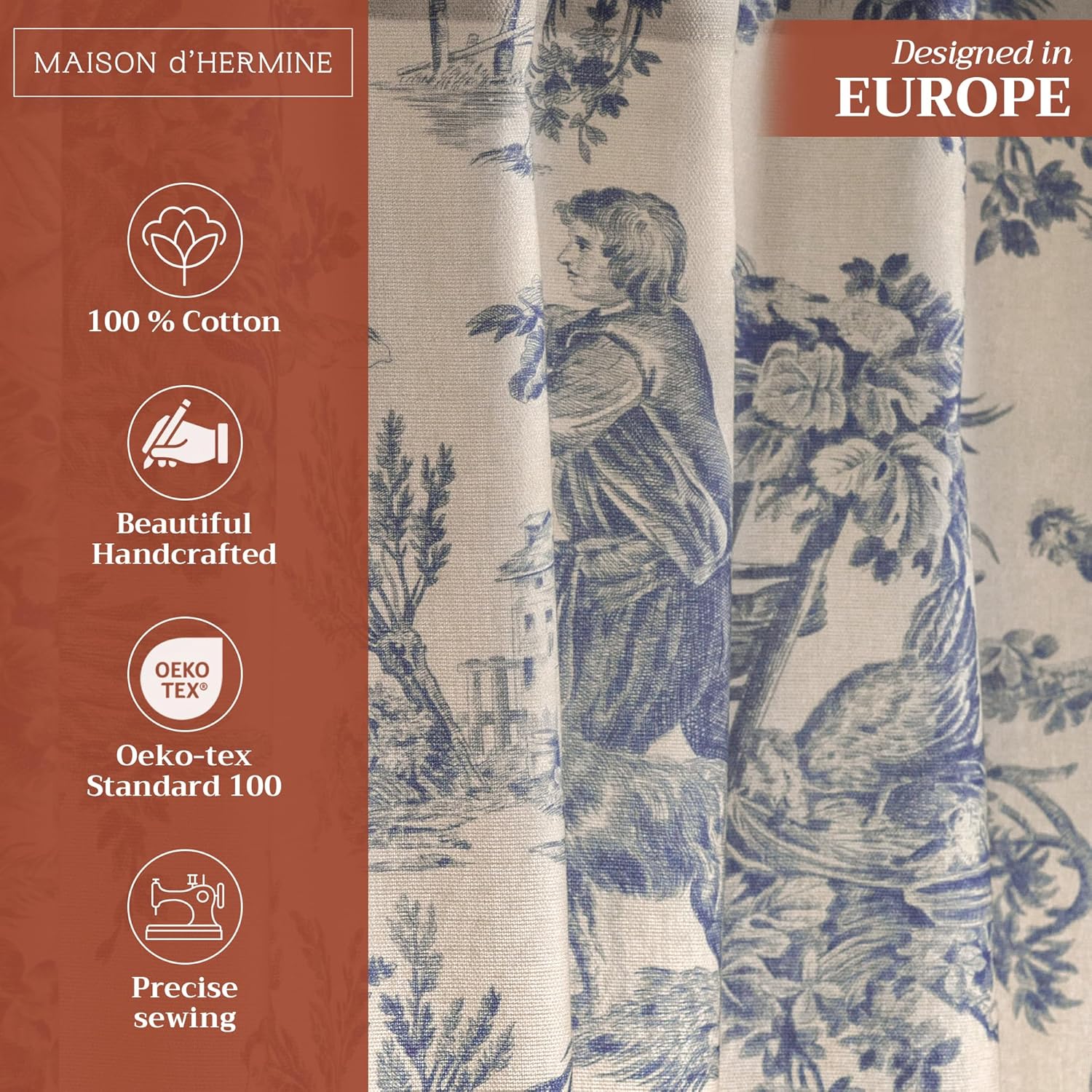 Maison d'Hermine Curtains for Living Room 100% Cotton 84 inch Length One Panel Window Toile Curtains for Bedroom with Loop & Rod Pockets - The Miller Blue, 50" W x 84" L