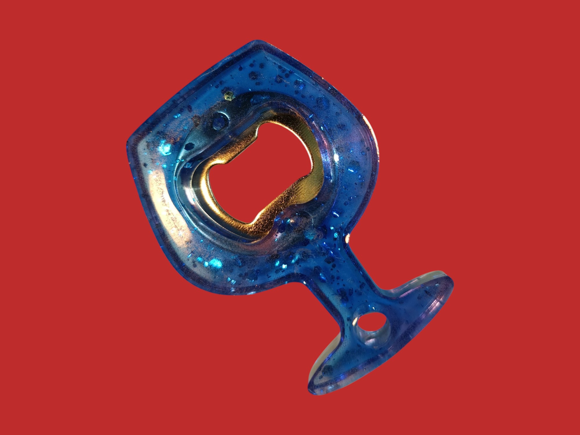 Décapsuleur en forme de verre bleu et paillettes en résine epoxy 8cm