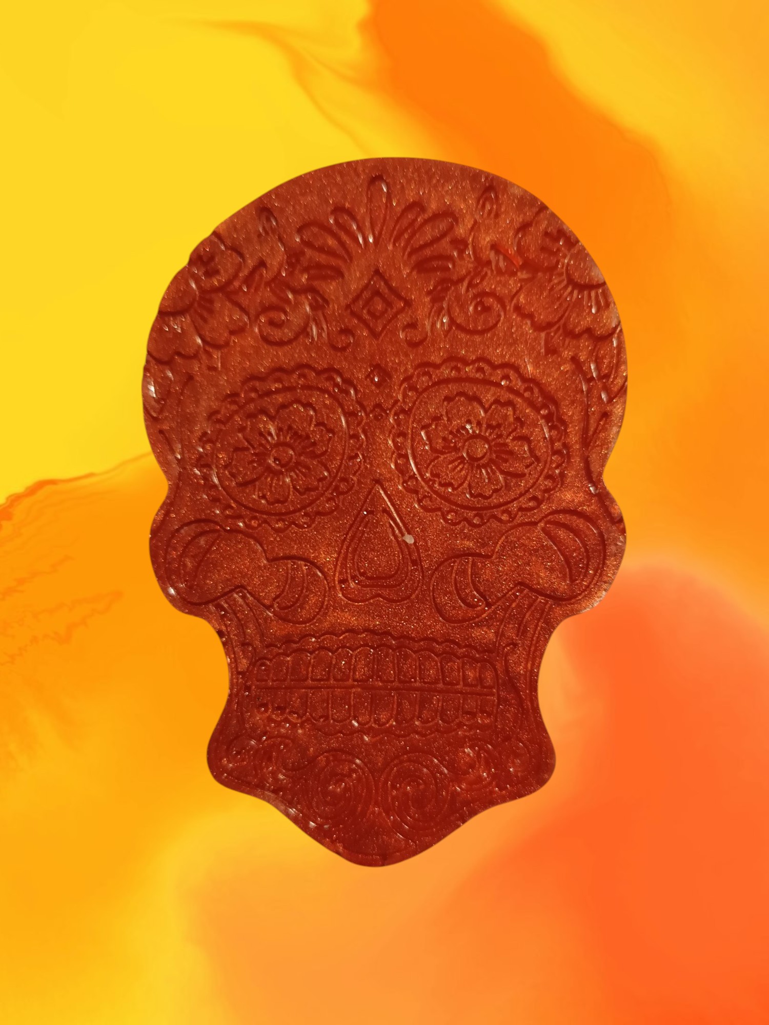 Crâne mexicain couleur poudre cuivré en résine epoxy contient des LED clignotantes intégrées