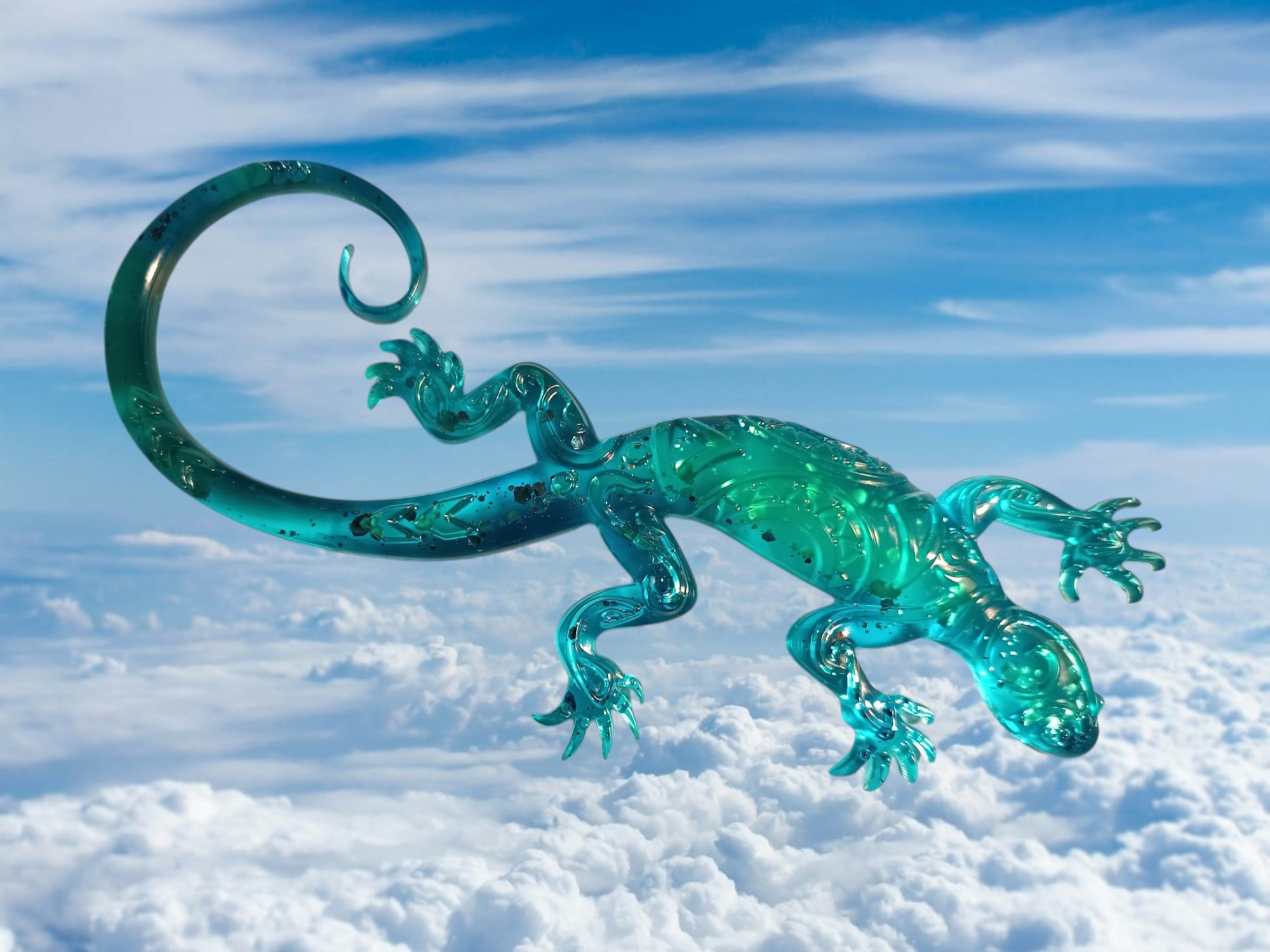 Salamandre bleu et vert avec paillettes en résine epoxy 20cm de long