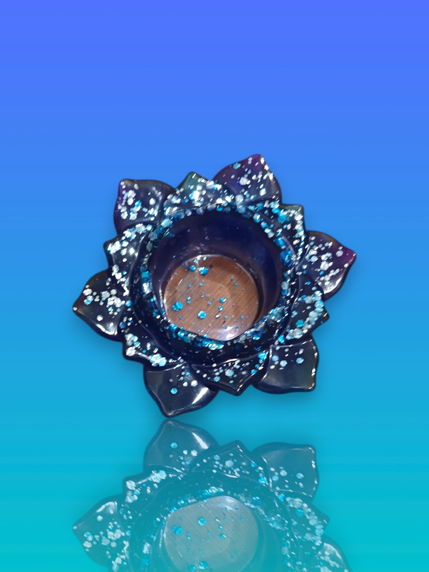 Coupelle pour entreposer des objet ou bougeoir bleu orné de paillettes argentées décorative 100% en résine epoxy