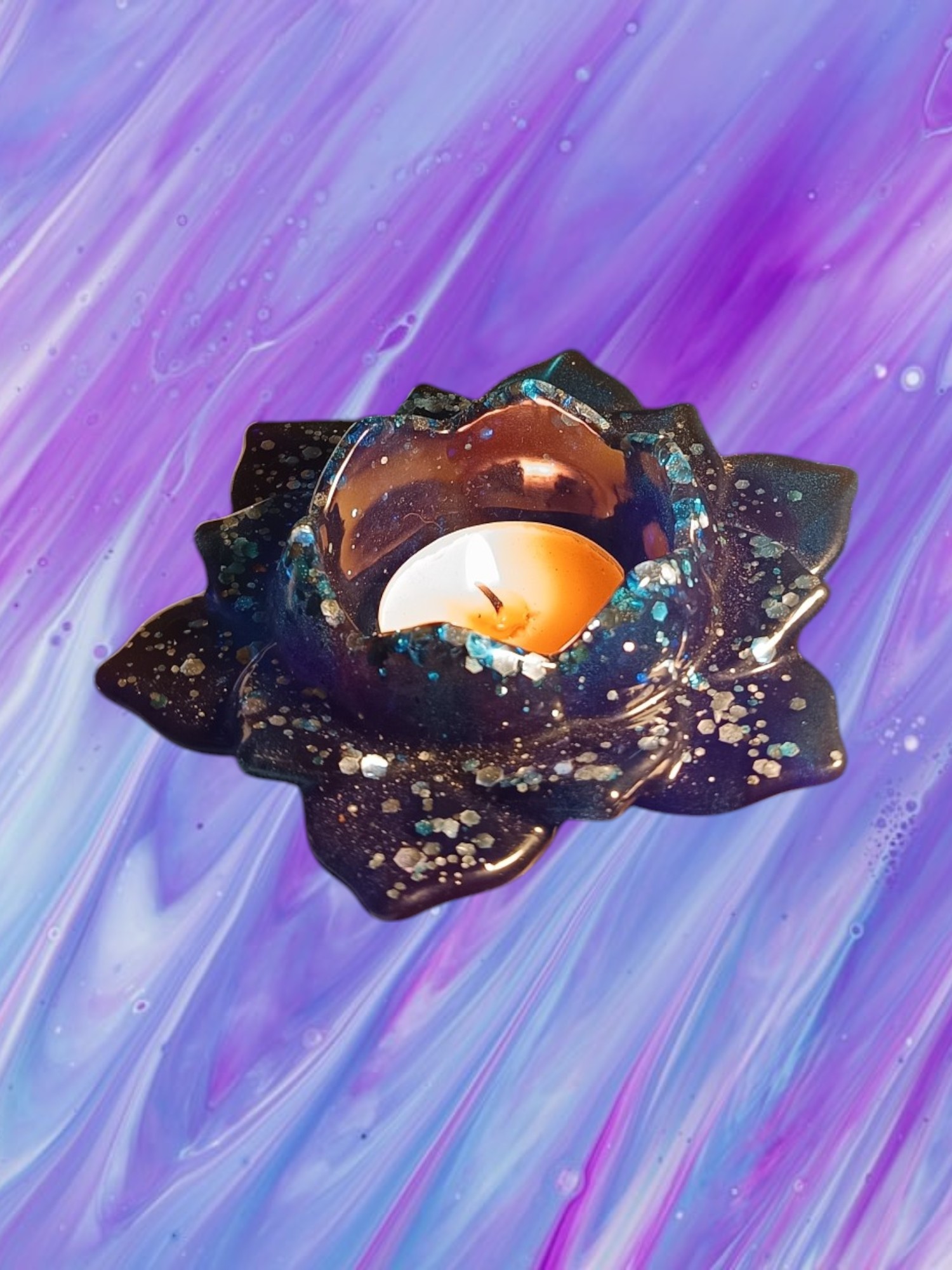 Coupelle pour entreposer des objet ou bougeoir bleu orné de paillettes argentées décorative 100% en résine epoxy