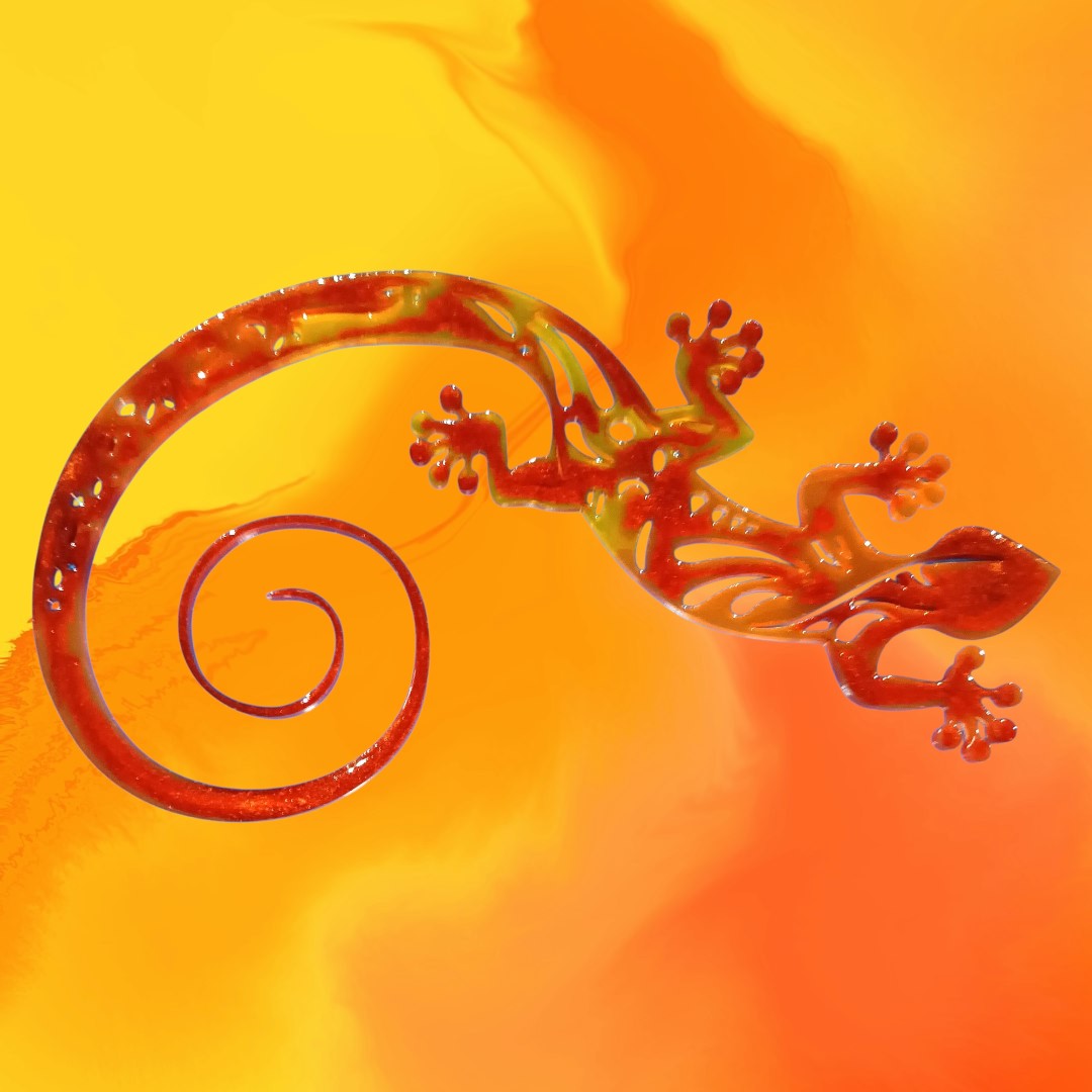 Salamandre couleur cuivrée, jaune et orange en résine epoxy 30cm de longueur