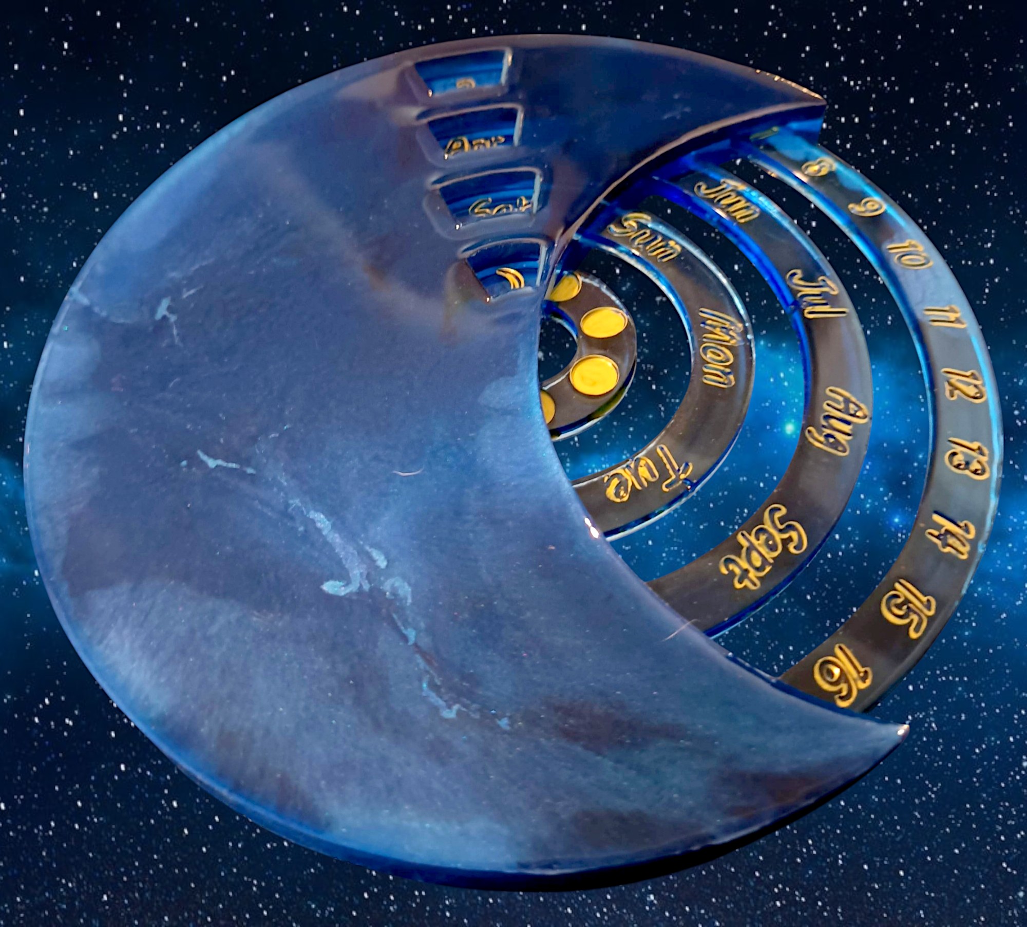 Calendrier lunaire bleu nuit en résine epoxy fait main, pièce unique