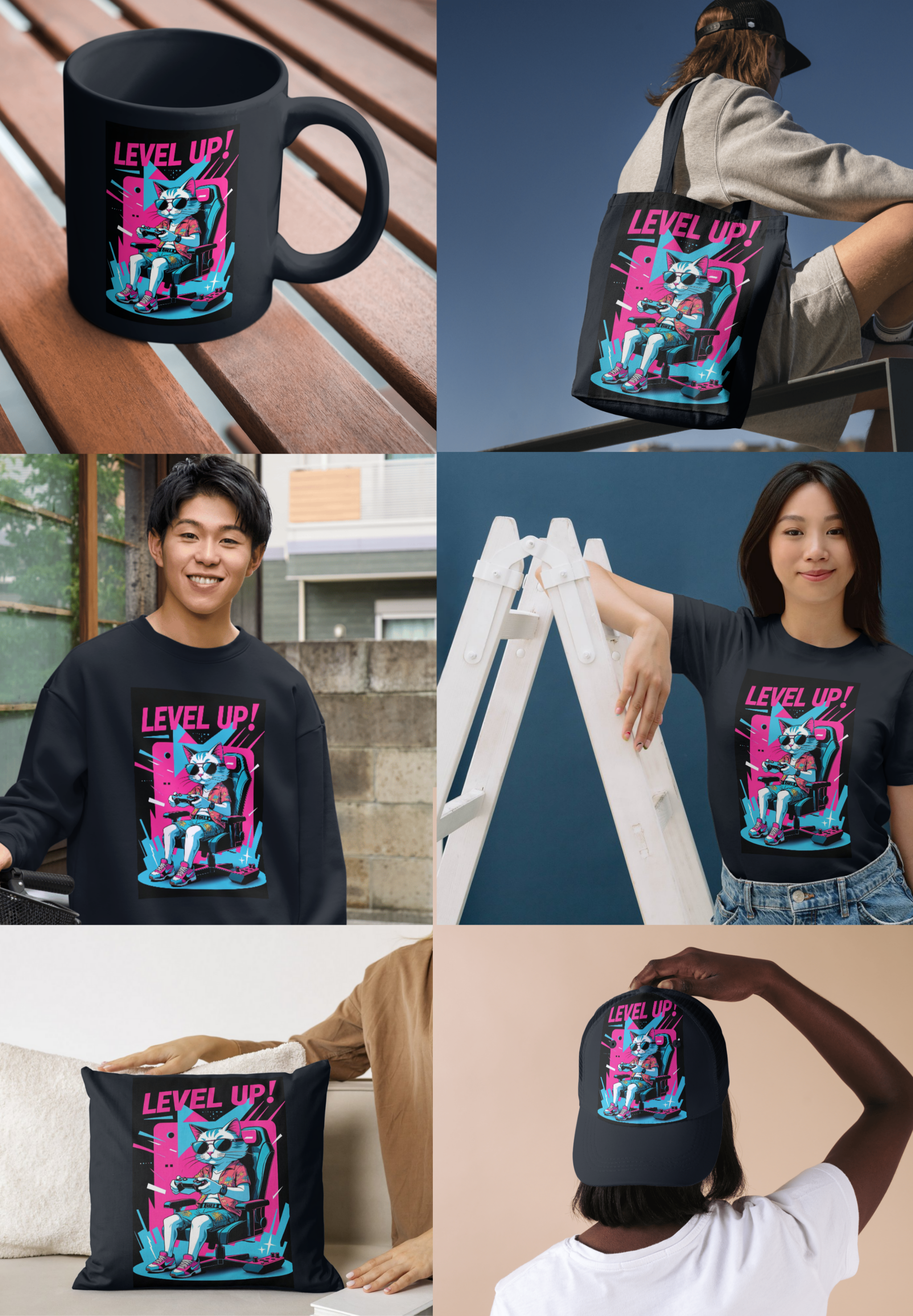 Level Up! – Cool Gamer Cat Neon Art Print