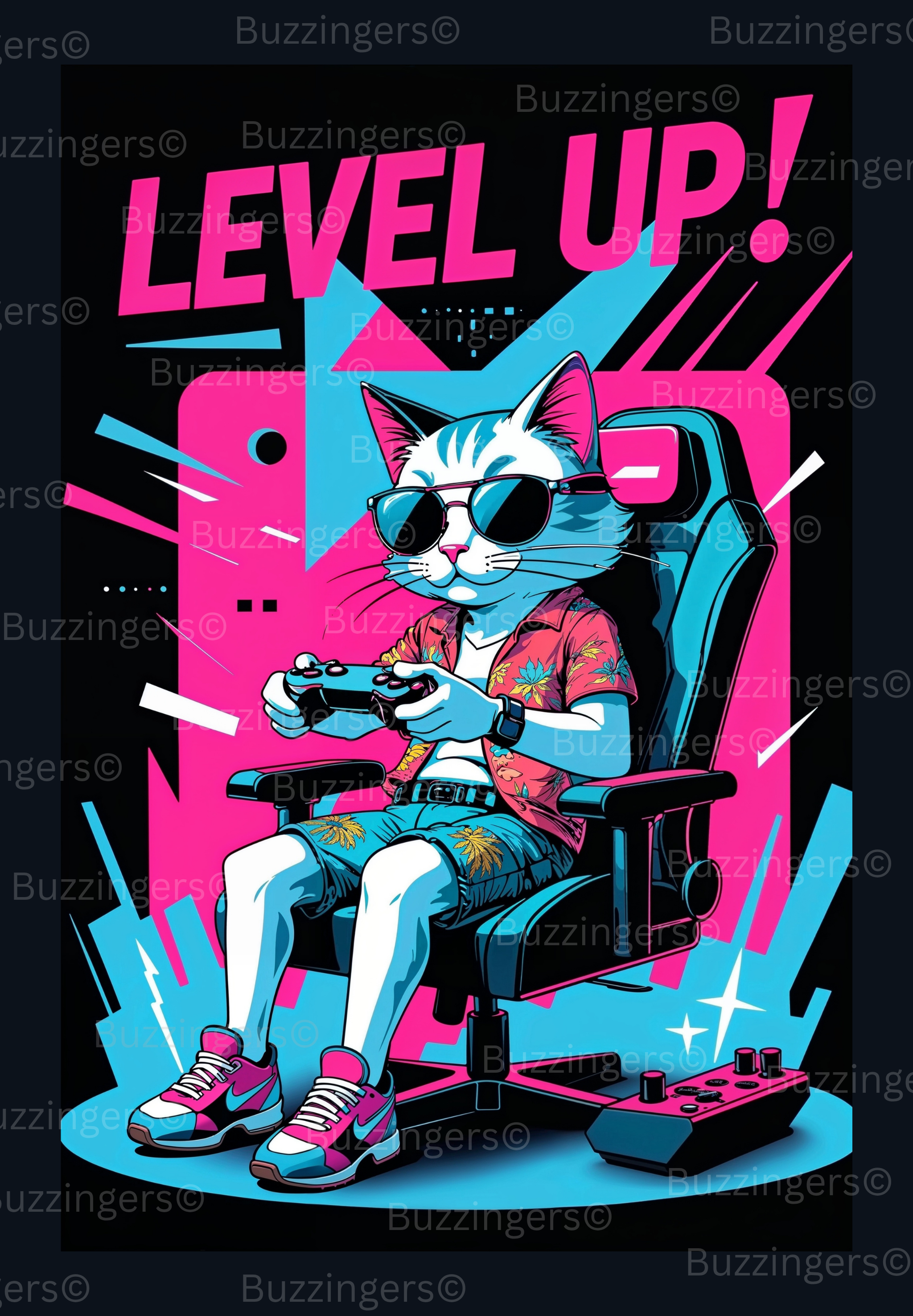 Level Up! – Cool Gamer Cat Neon Art Print