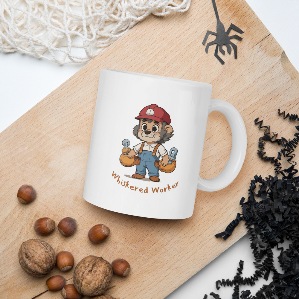 Whiskered Worker White Glossy Mug