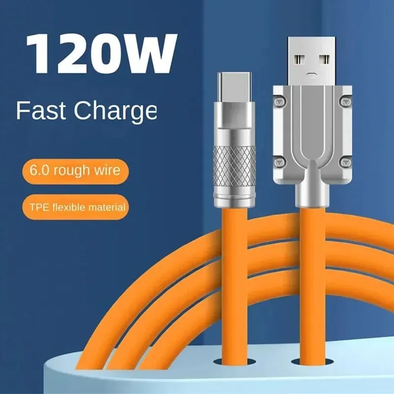100 % Orignal 120W Liquid Silicone Fast Charging Data Cable - USB Type-C, Micro USB & Lightning - 6A, LED Light, Universal Compatibility for iPhone, Samsung, OnePlus, Realme, Oppo, Xiaomi