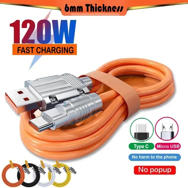 100 % Orignal 120W Liquid Silicone Fast Charging Data Cable - USB Type-C, Micro USB & Lightning - 6A, LED Light, Universal Compatibility for iPhone, Samsung, OnePlus, Realme, Oppo, Xiaomi
