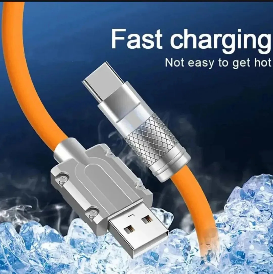 100 % Orignal 120W Liquid Silicone Fast Charging Data Cable - USB Type-C, Micro USB & Lightning - 6A, LED Light, Universal Compatibility for iPhone, Samsung, OnePlus, Realme, Oppo, Xiaomi