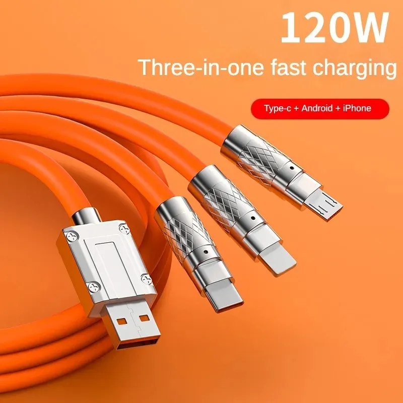 100% Original Imported Cable 6 Empire 120W Cable One Tow Three Suitable for Android, Apple, Huawei 100% Original Empire Super Fast Charger With Light Three-In-One Data Cable