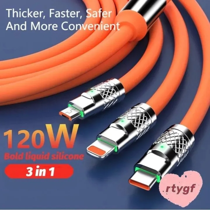 100% Original Imported Cable 6 Empire 120W Cable One Tow Three Suitable for Android, Apple, Huawei 100% Original Empire Super Fast Charger With Light Three-In-One Data Cable