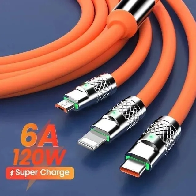 100% Original Imported Cable 6 Empire 120W Cable One Tow Three Suitable for Android, Apple, Huawei 100% Original Empire Super Fast Charger With Light Three-In-One Data Cable