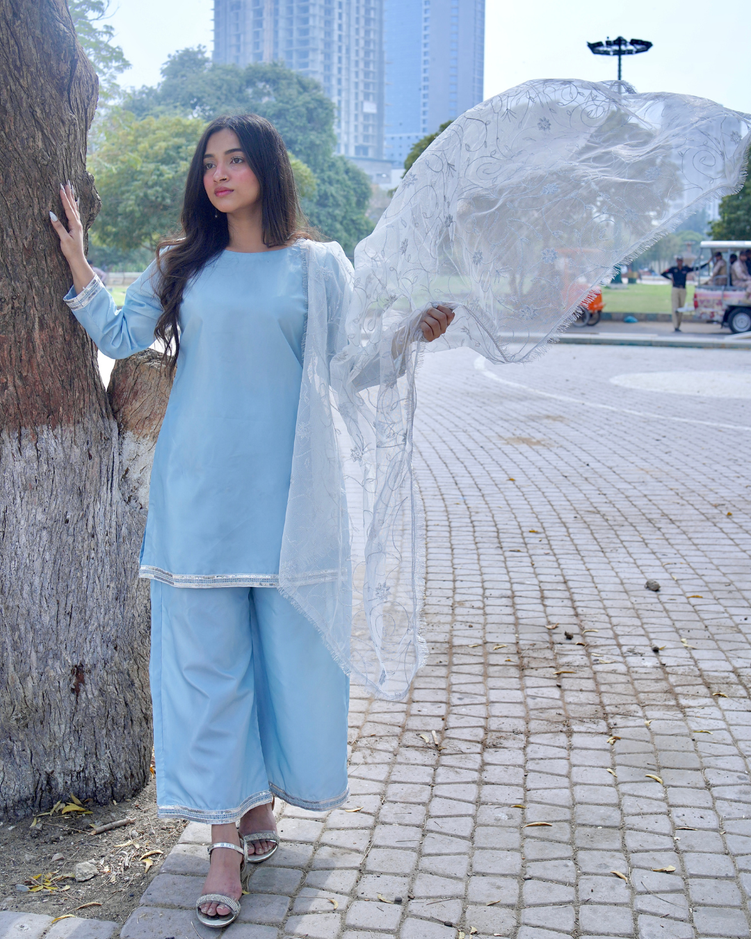 3 Piece Sky Blue Dress ( Embroidered Dupatta )
