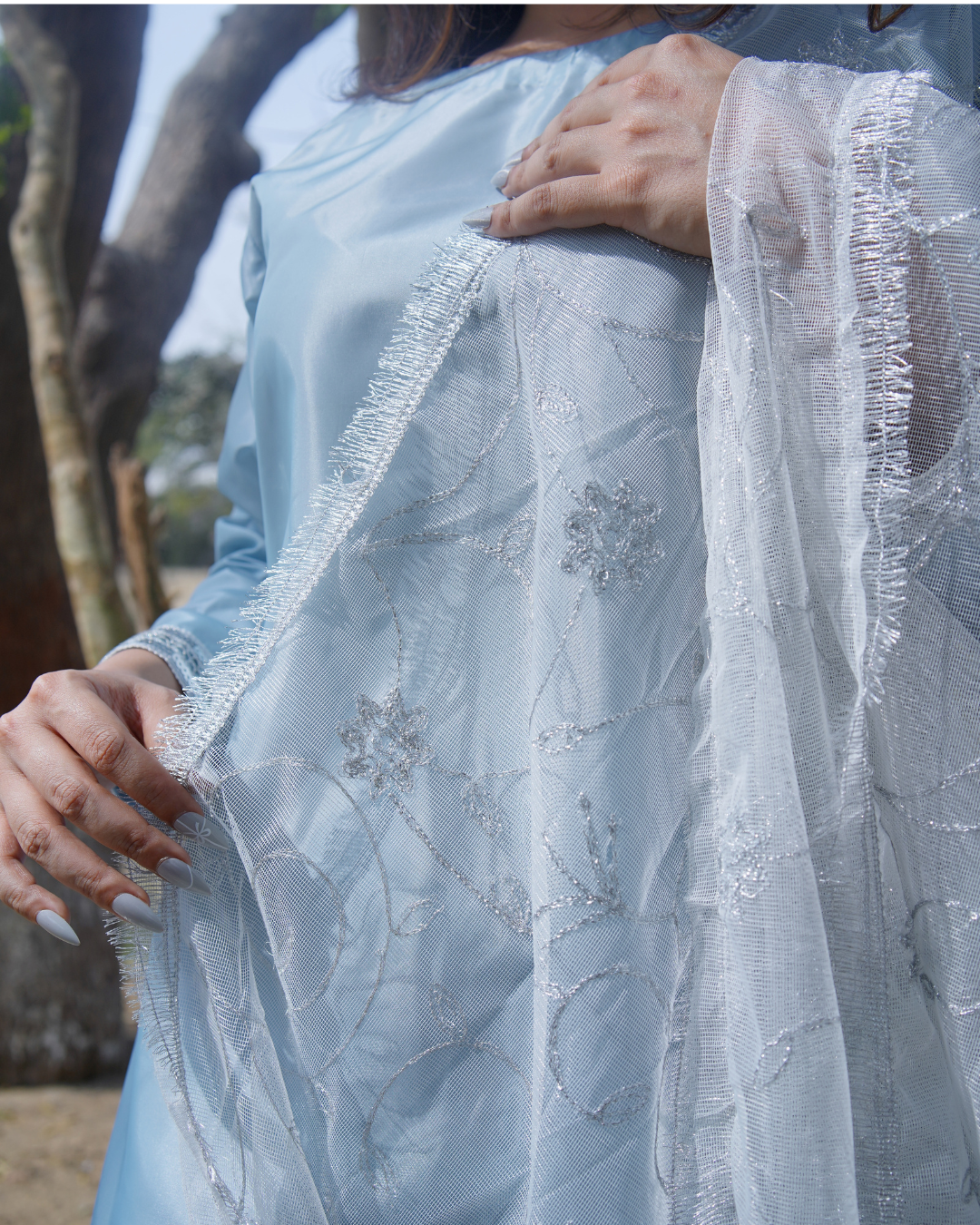 3 Piece Sky Blue Dress ( Embroidered Dupatta )