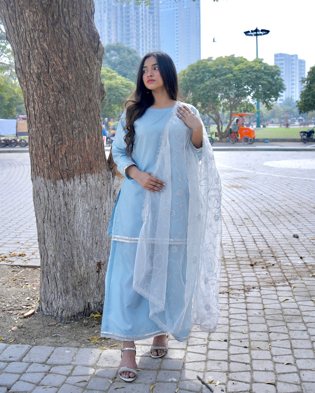 3 Piece Sky Blue Dress ( Embroidered Dupatta )