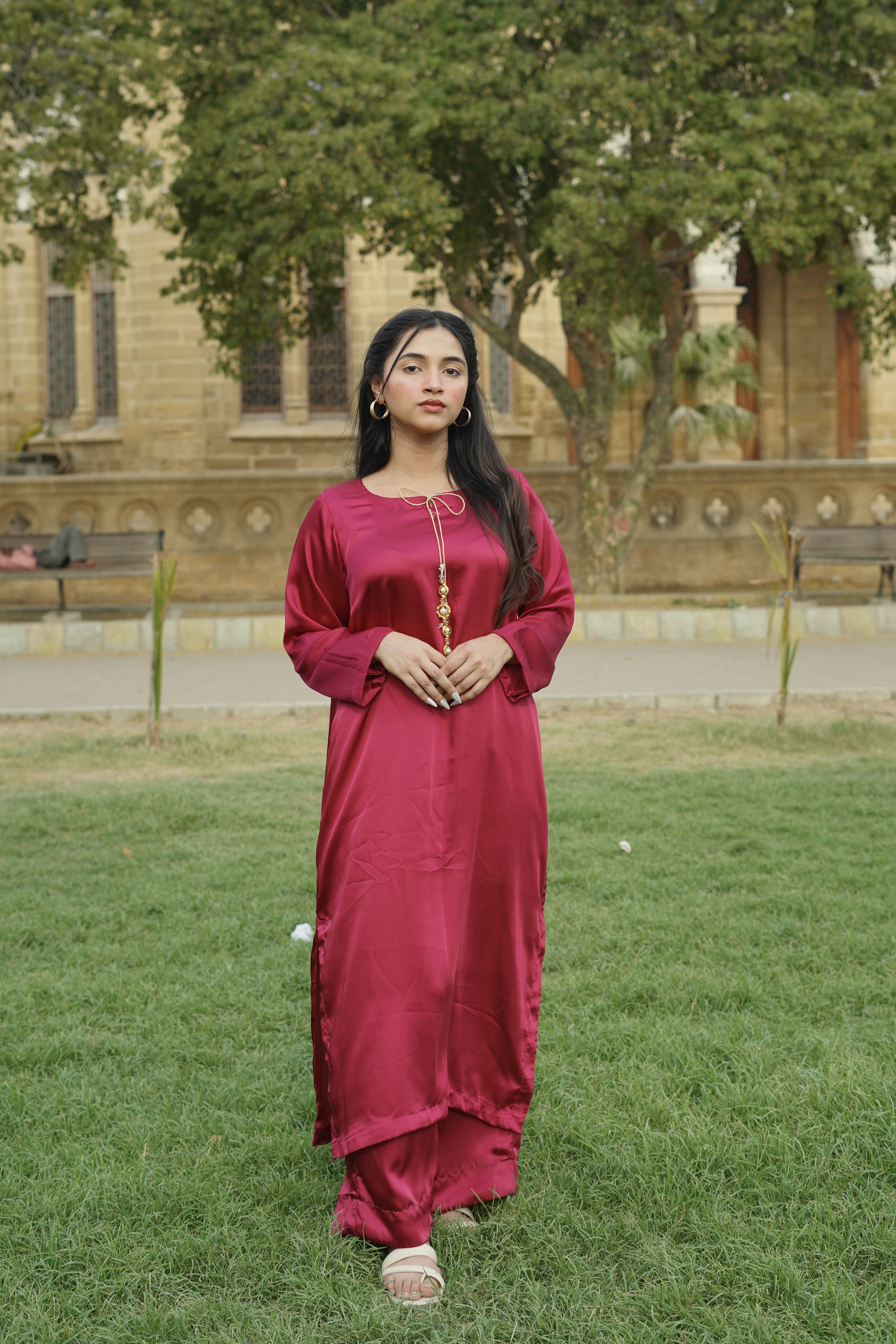 2 Piece Maroon Silk Dress