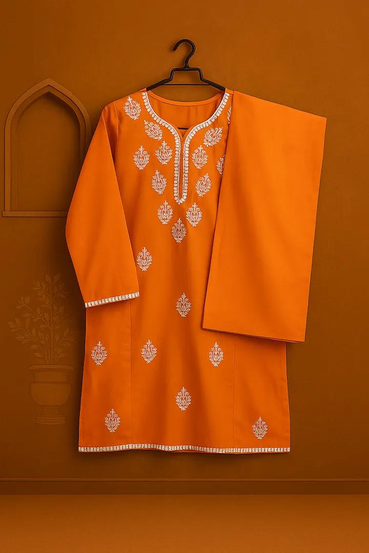 Soft Cotton Co ord Set ( Orange In White Embroidery )