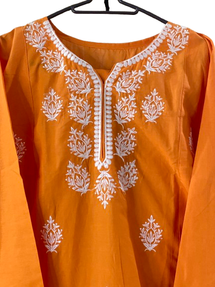 Soft Cotton Co ord Set ( Orange In White Embroidery )
