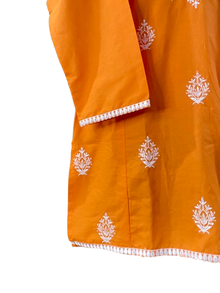 Soft Cotton Co ord Set ( Orange In White Embroidery )
