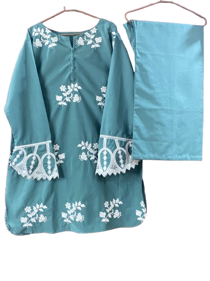 Soft Cotton Co ord SET ( Green In White Embroidery )