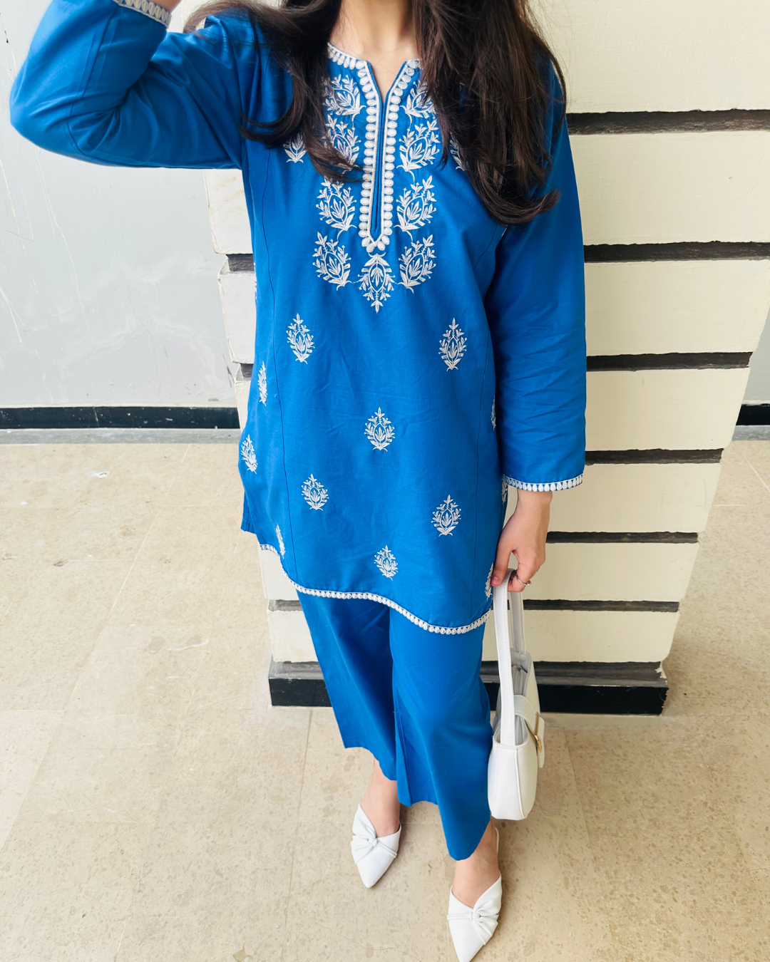 Soft Cotton Co ord Set ( Blue In White Embroidery )