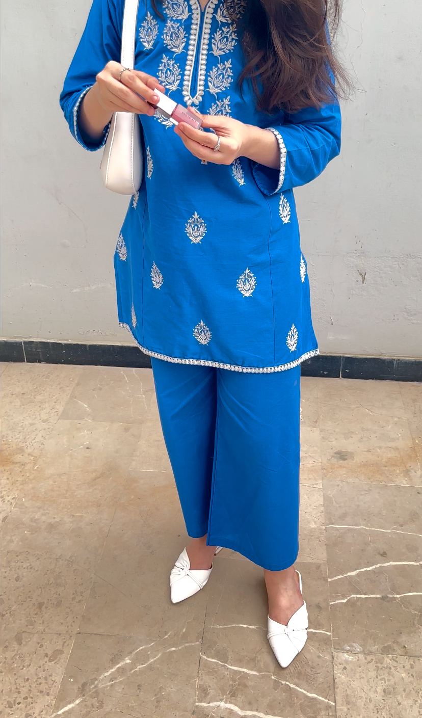 Soft Cotton Co ord Set ( Blue In White Embroidery )