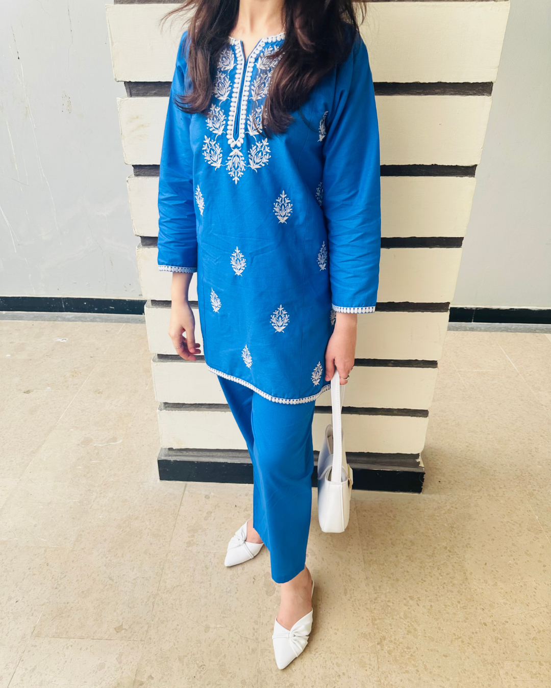 Soft Cotton Co ord Set ( Blue In White Embroidery )