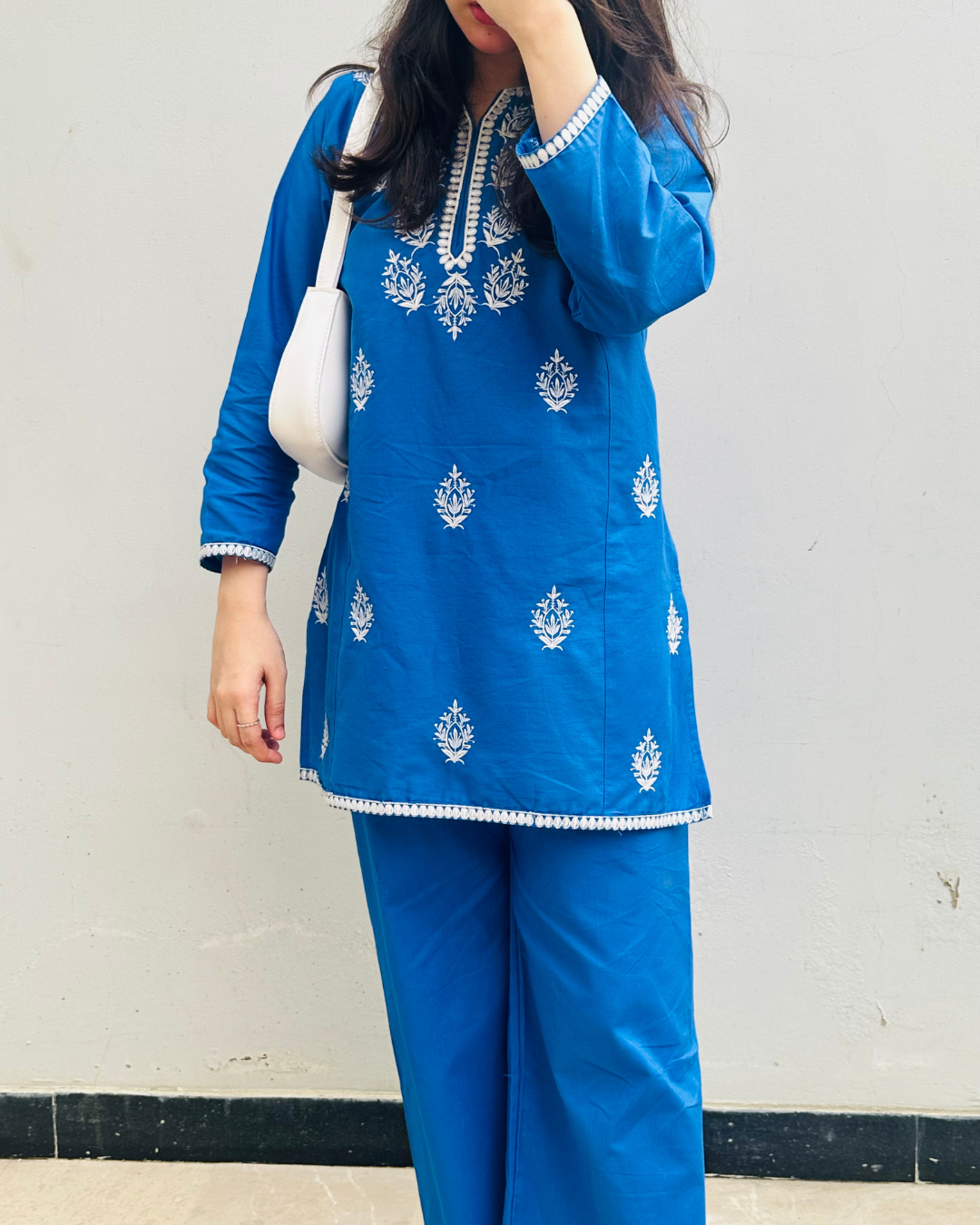 Soft Cotton Co ord Set ( Blue In White Embroidery )