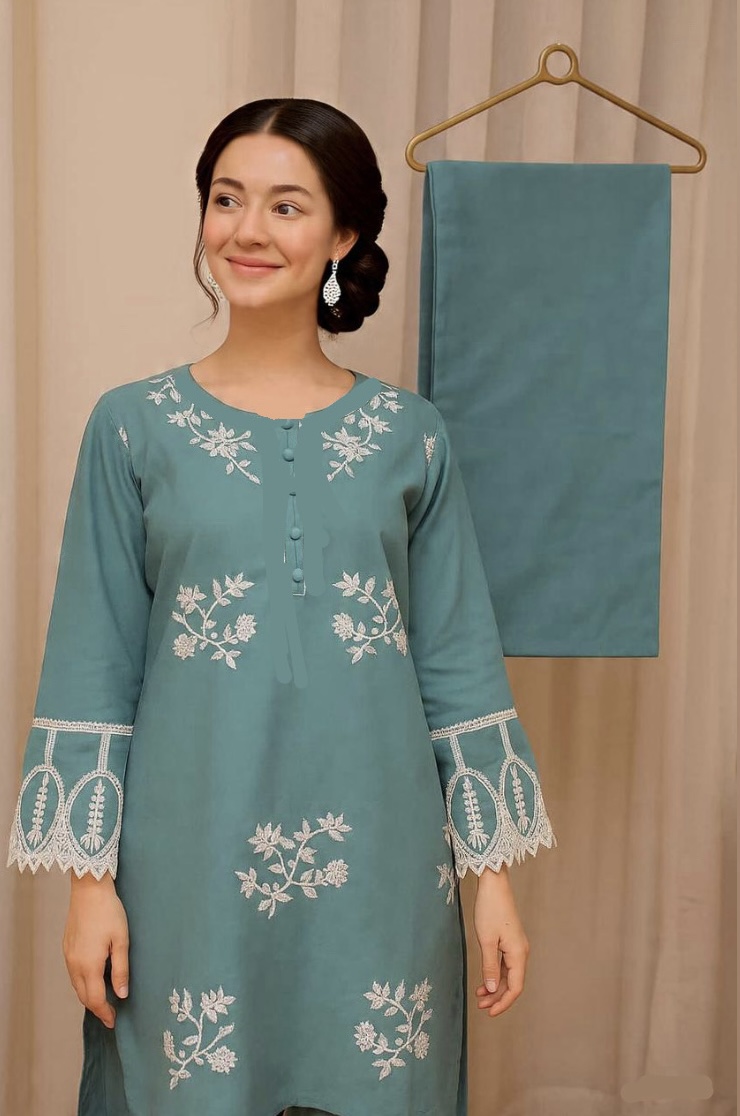Soft Cotton Co ord SET ( Green In White Embroidery )