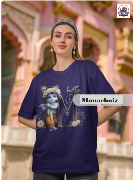 Krishna Printed White T-Shirt with M Alphabet 