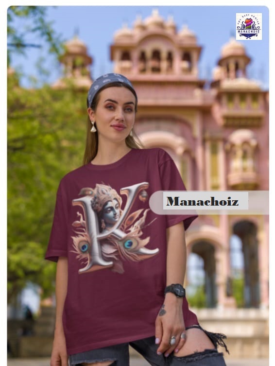 Krishna Printed Maroon T-Shirt with K Alphabet 