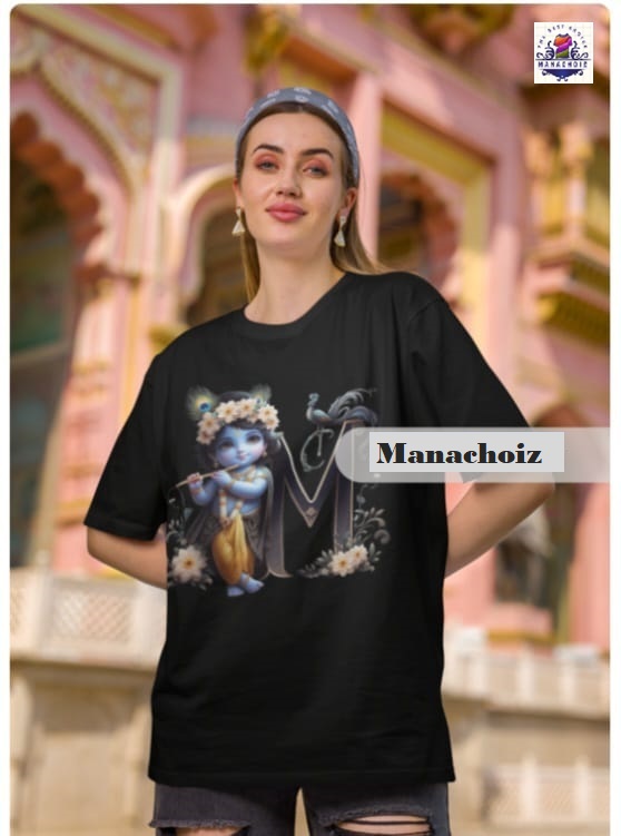 Krishna Printed White T-Shirt with M Alphabet 