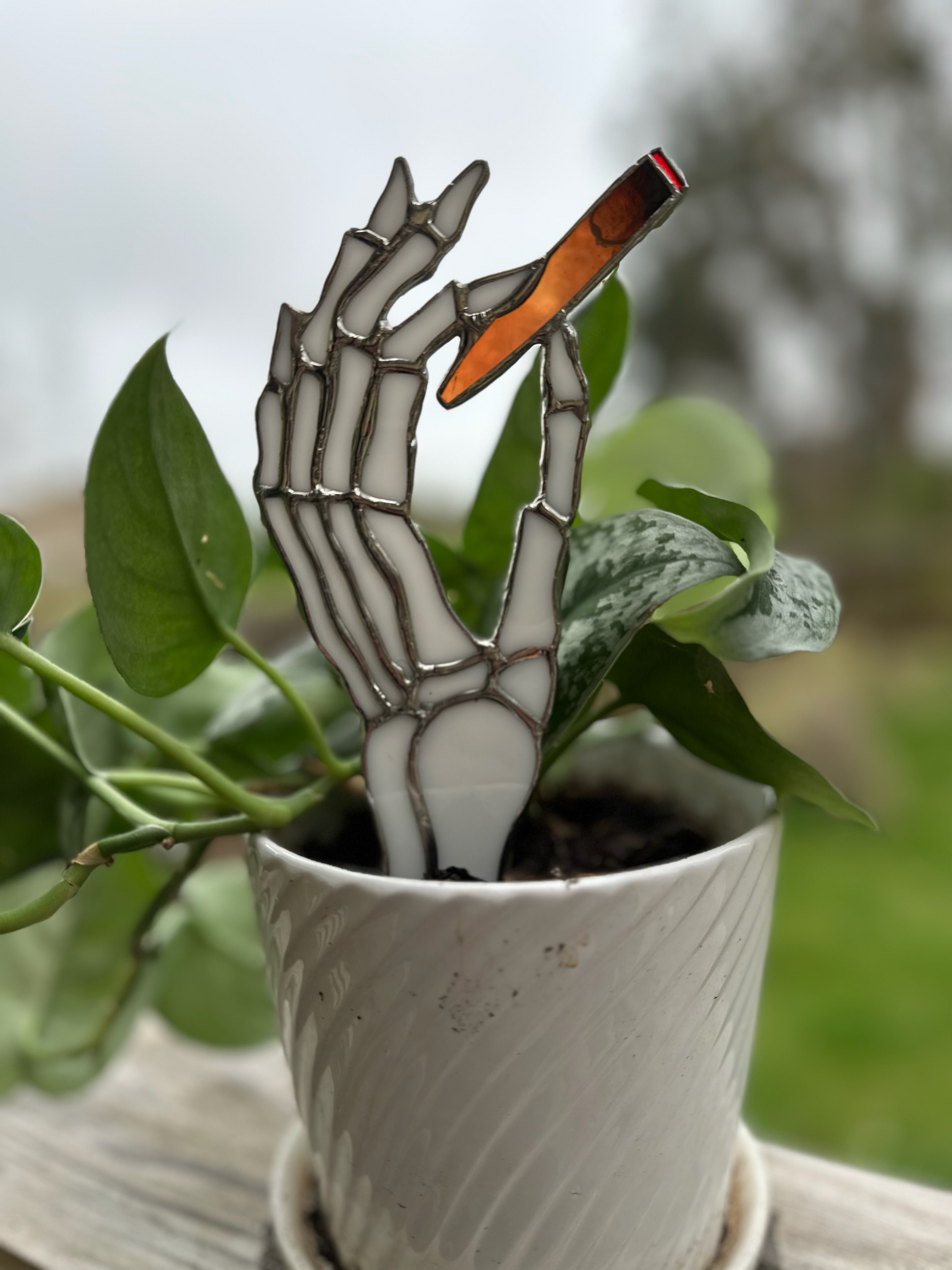 Smoking Skeleton Hand Plant Stake with optional Incense Burner