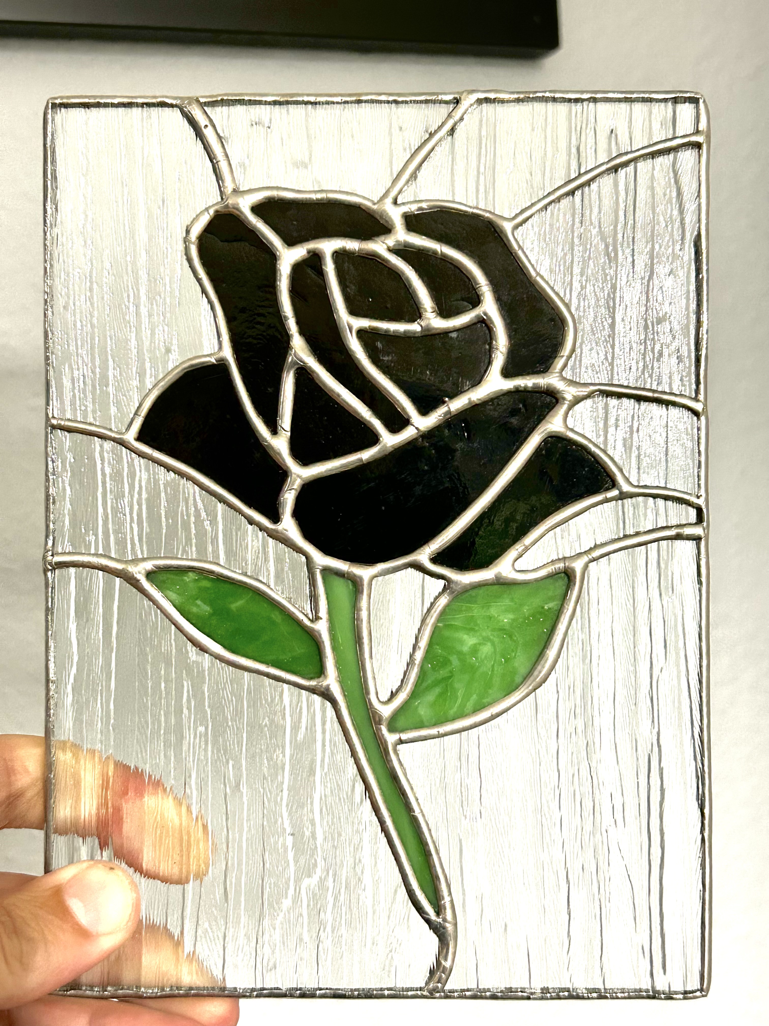 Black iridescent Rose Stained Glass Panel