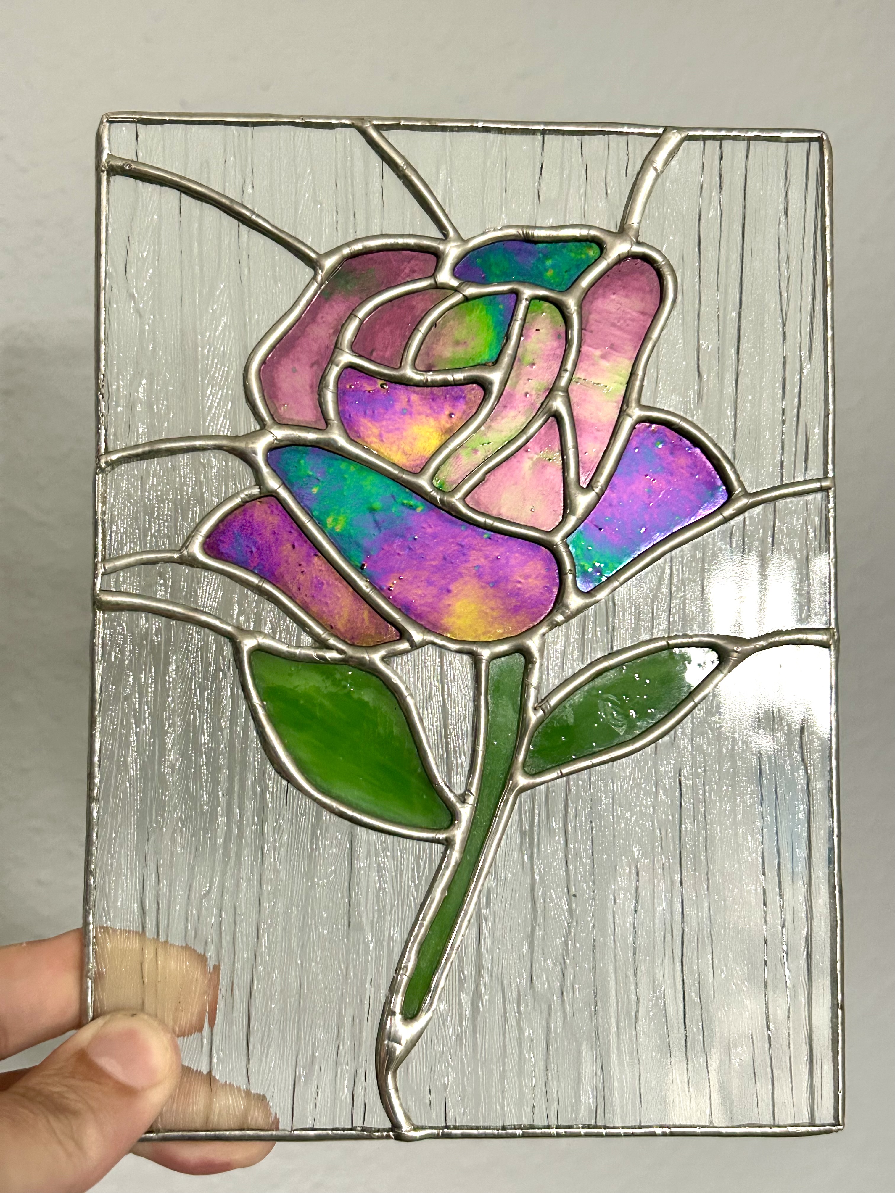 Black iridescent Rose Stained Glass Panel