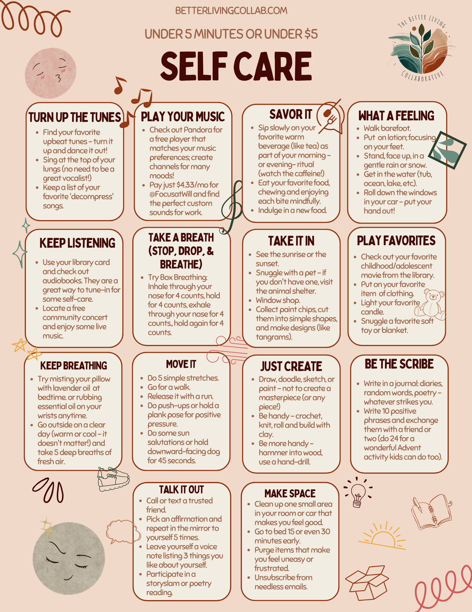 Self Care Activities Guide - Under 5 minutes or Under $5