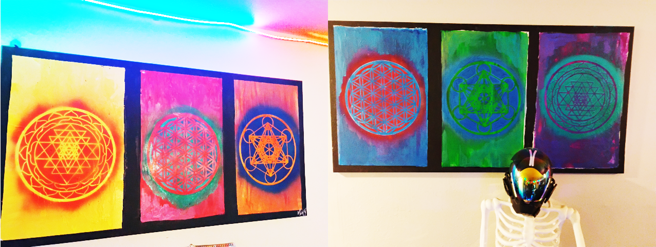 ********SOLD OUT*******"Sacred Geometric Meditations: Kabbalistic Realities.  Oil and Spray Paint Abstract Geometric Art Panels