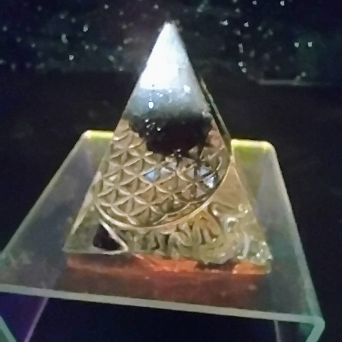 Flower of Life Obsidian Epoxy Crystal Pyramid Sculpture