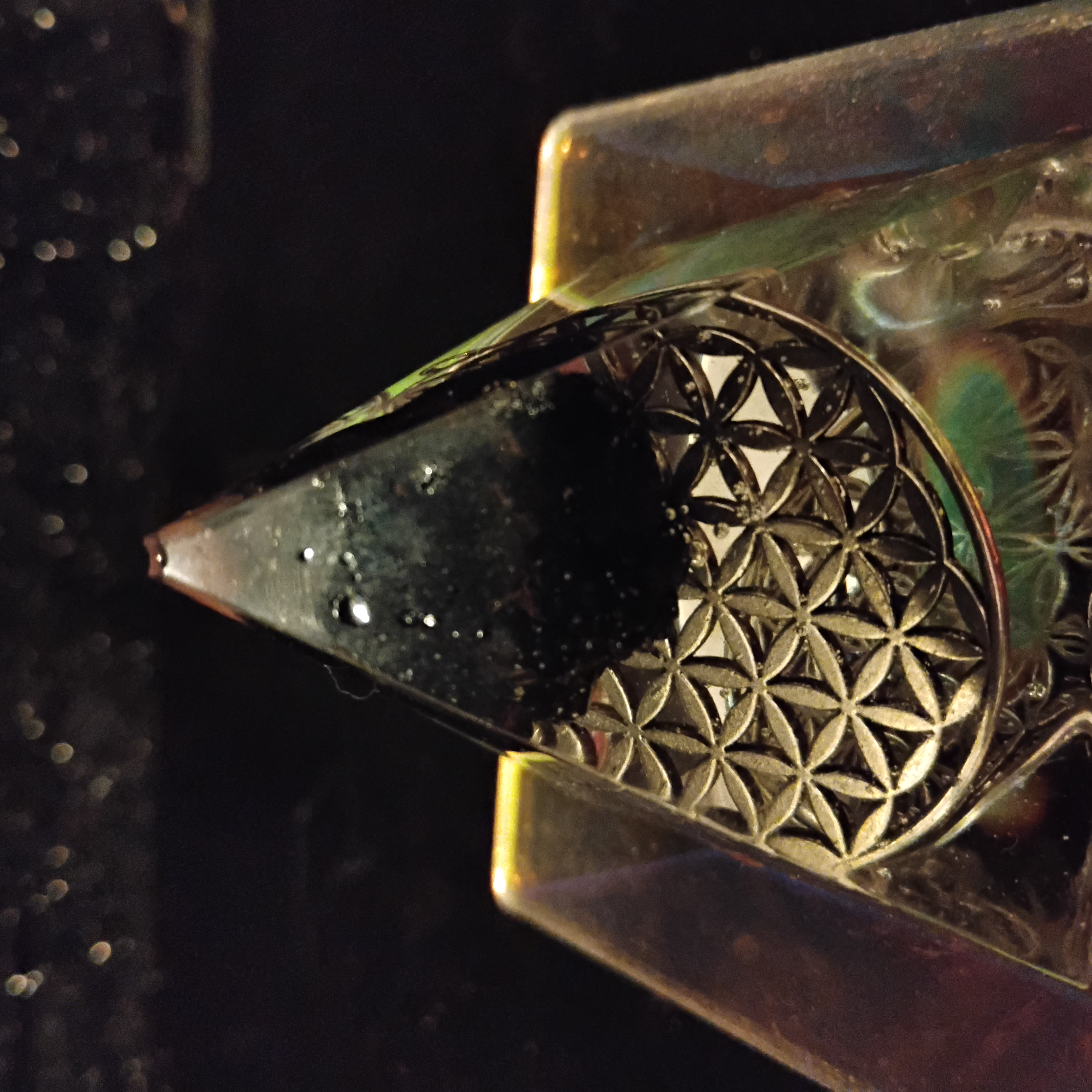 Flower of Life Obsidian Epoxy Crystal Pyramid Sculpture