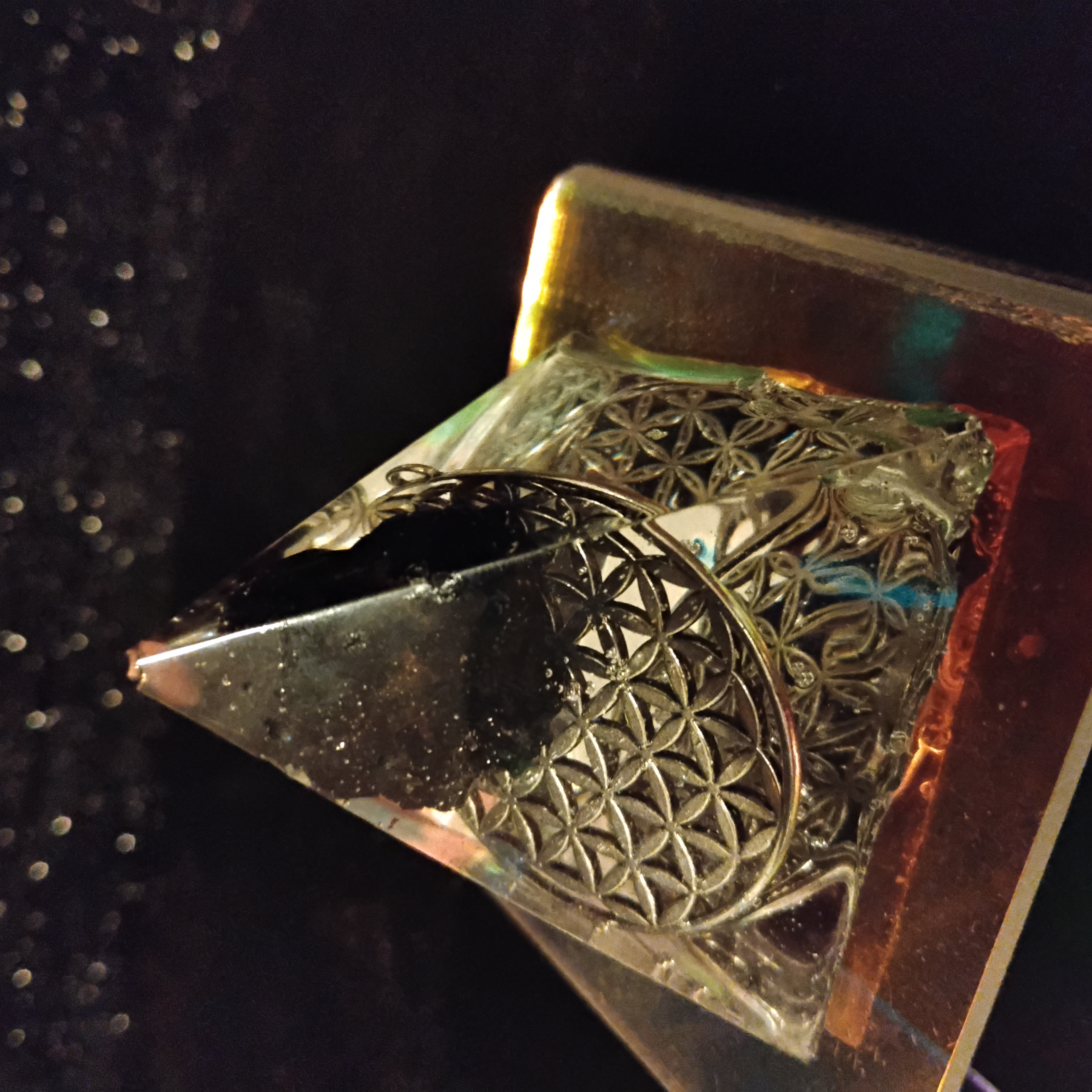 Flower of Life Obsidian Epoxy Crystal Pyramid Sculpture