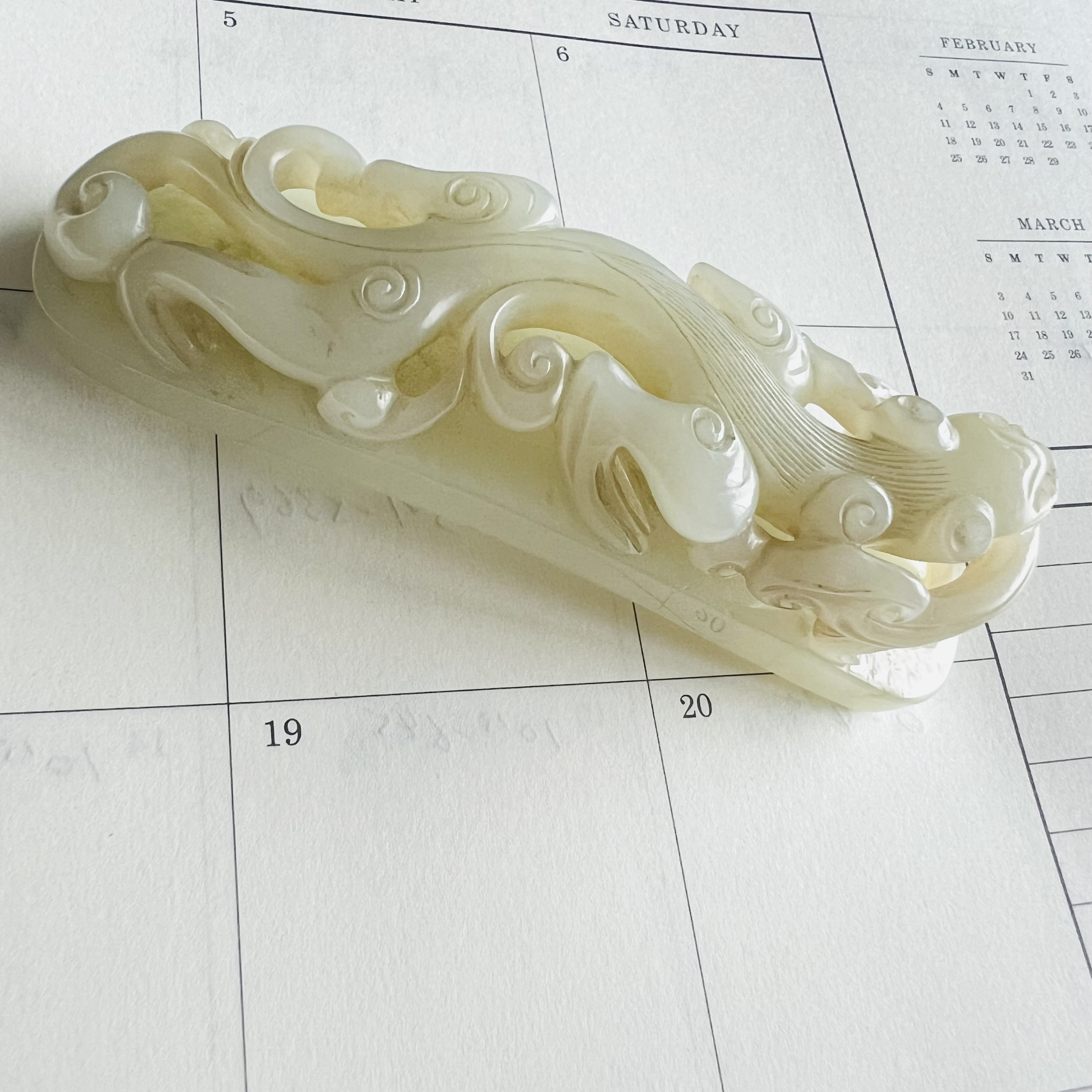 Antique White Heitian Jade Dragon Sculpture with Matching Hardwood Stand