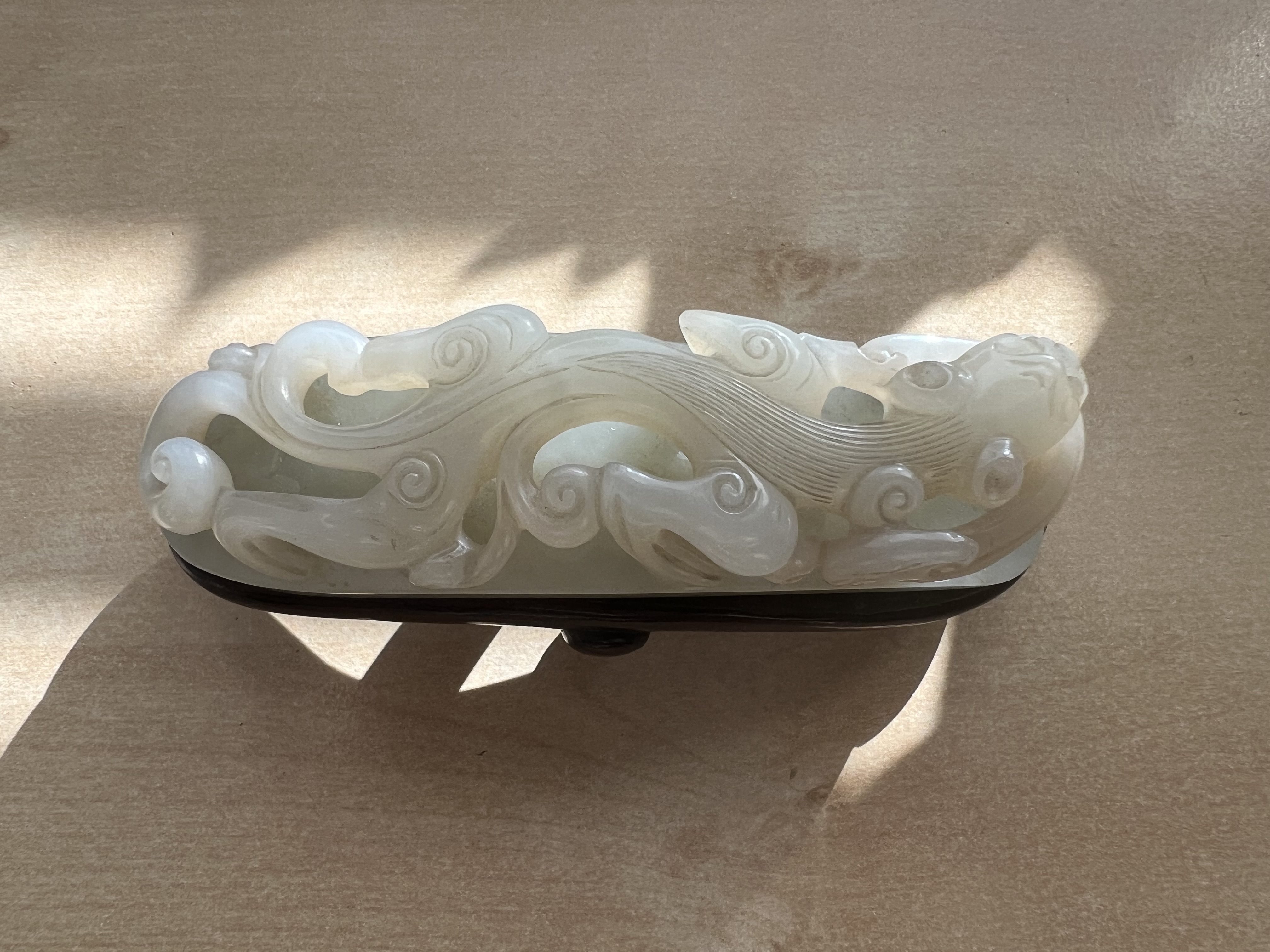 Antique White Heitian Jade Dragon Sculpture with Matching Hardwood Stand