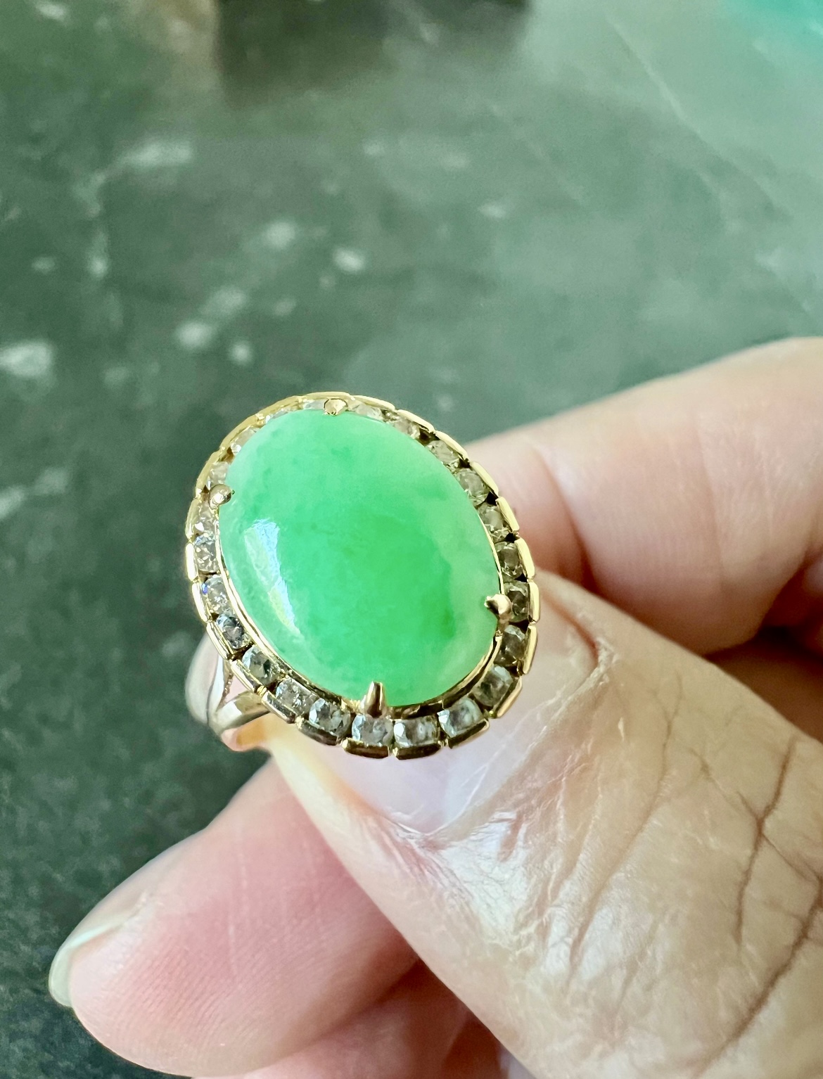 Gold Ring with Apple Green Jadeite and Diamonds