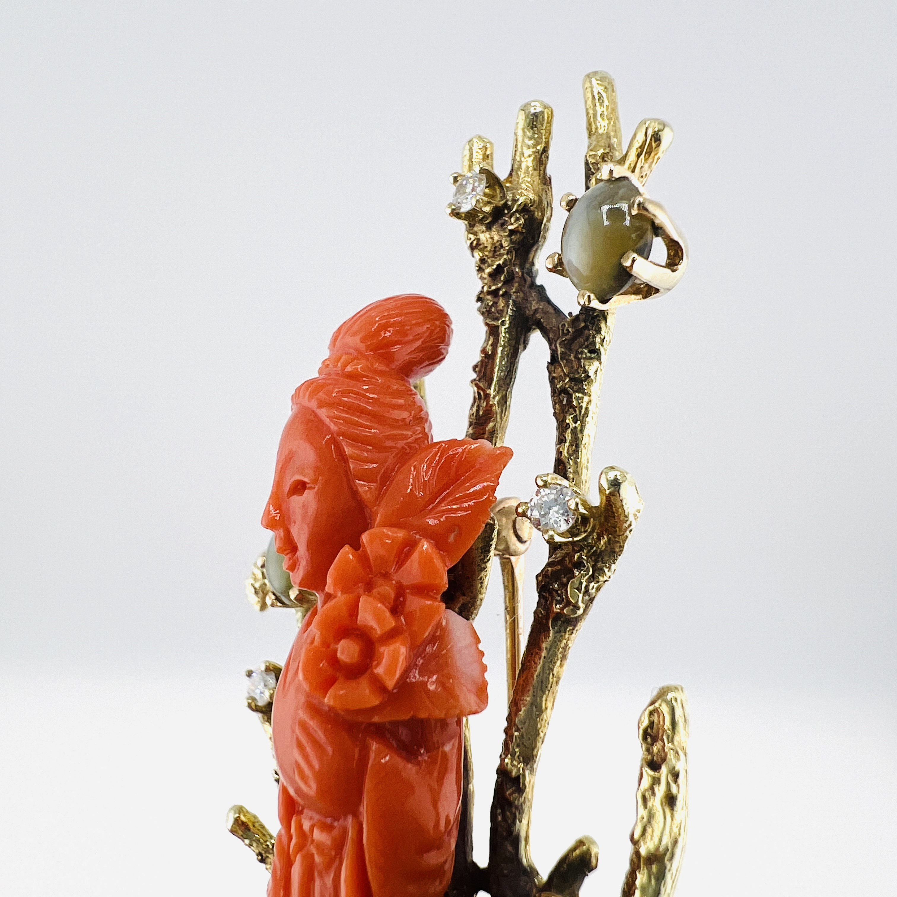 18K Gold and Diamond Red Coral Brooch with Lady Figure, Vintage