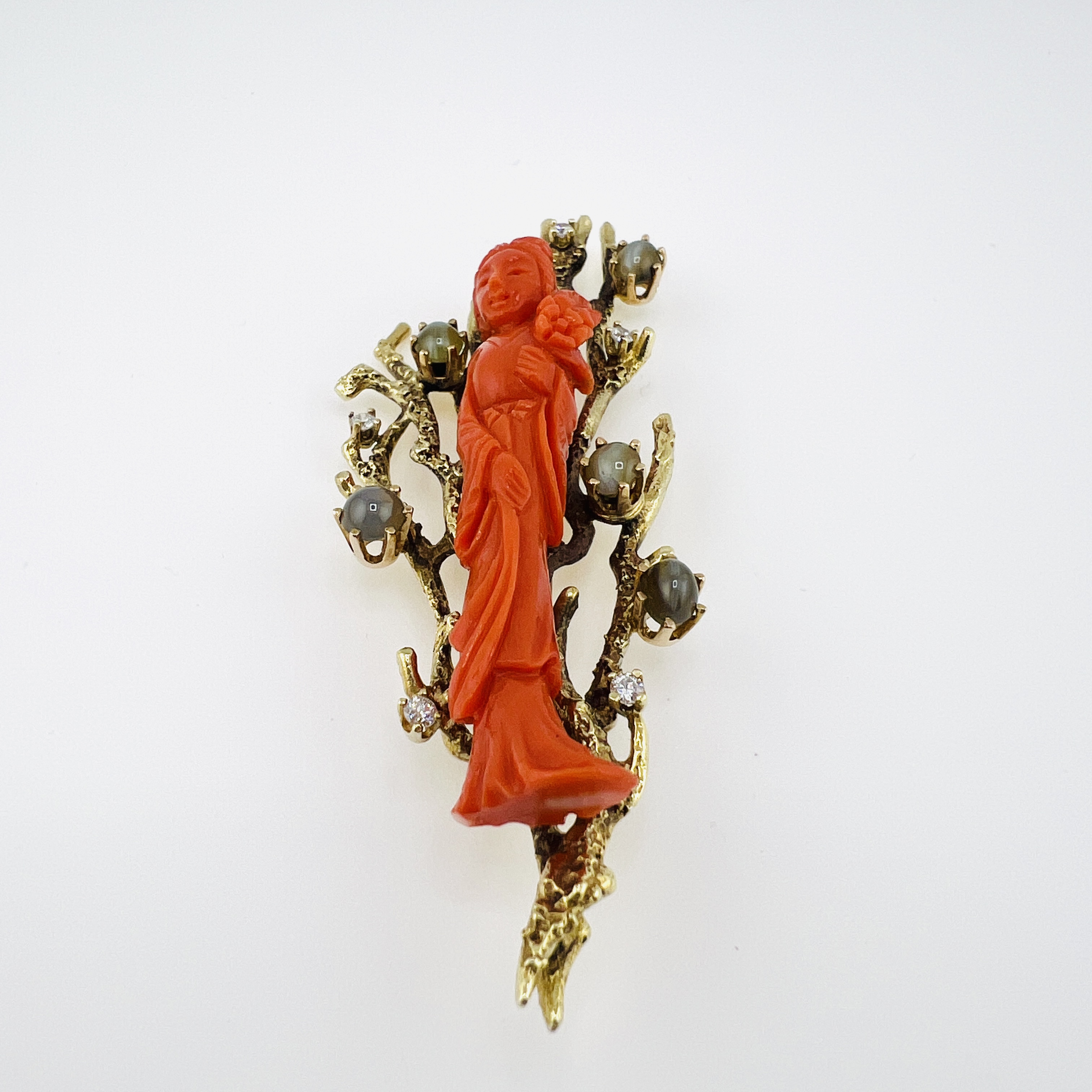 18K Gold and Diamond Red Coral Brooch with Lady Figure, Vintage