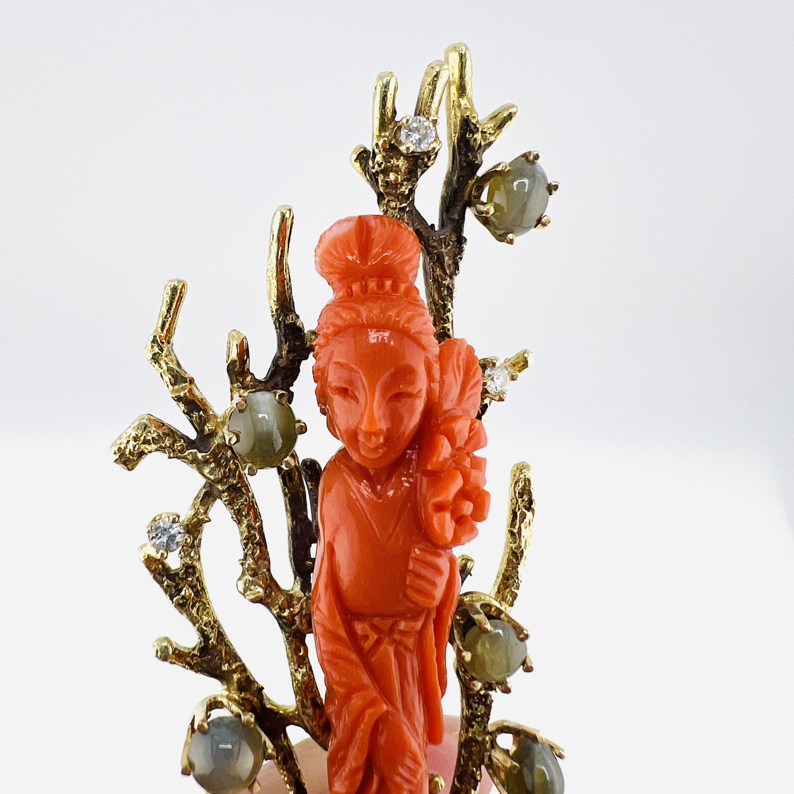18K Gold and Diamond Red Coral Brooch with Lady Figure, Vintage