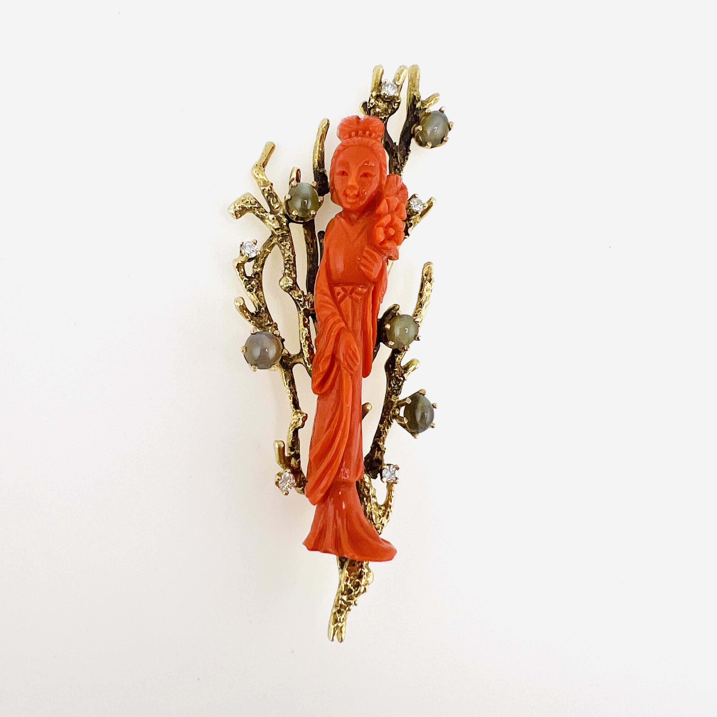 18K Gold and Diamond Red Coral Brooch with Lady Figure, Vintage